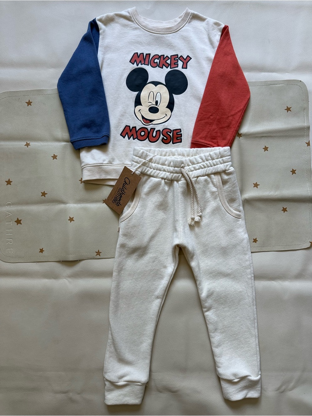 4t H&M Mickey Mouse Colorblock Sleeve Sweatshirt & Childhoods Cream Jogger Set